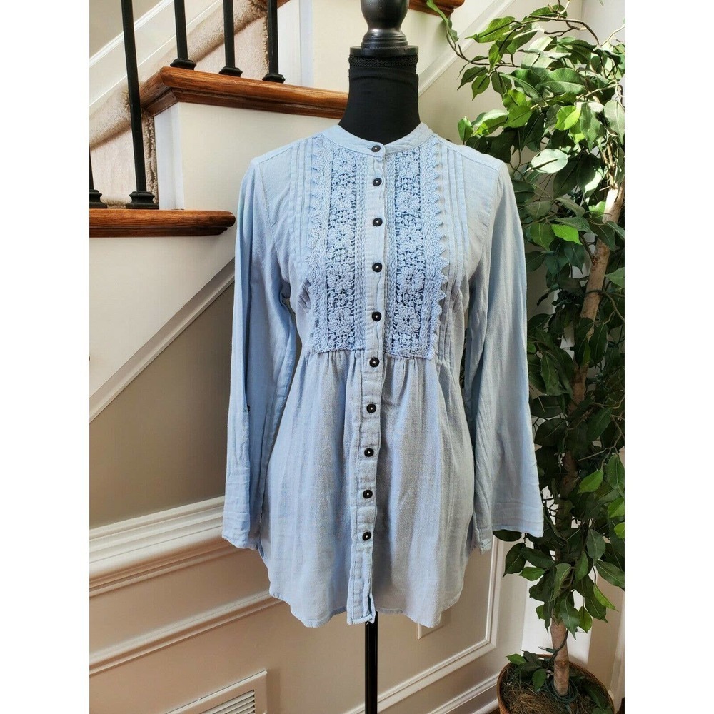 Bandolinoblu Womens Blue 100% Cotton Long Sleeve Round Neck Buttons Shirt Size M